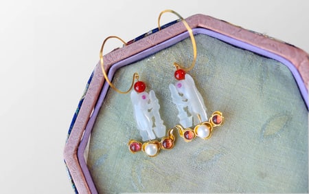 A Pair Chinese Hetian Jade Carved Rabbit Earring