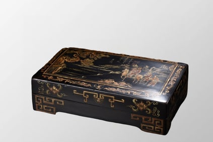 Old Chinese Gilt Gold Lacquerware Figure Design Jewelry Box