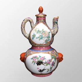 Chinese Qing Dynasty Famille Rose Flowers Bird Design Porcelain Warmer Wine Pot
