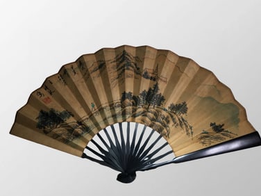 Chinese Watercolour On Xuan Paper Mountain River Scene Painting Fan