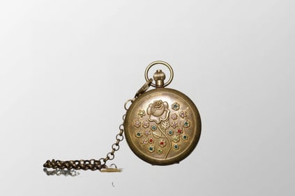 Vintage Brass Inlay Gems Mechanical Pocket Watch