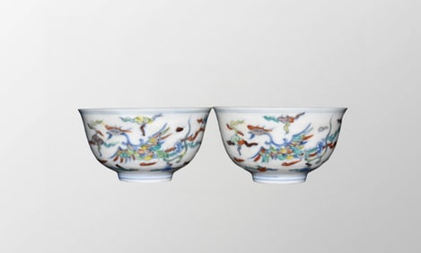 A Pair Chinese Doucai Dragon Phoenix Design Porcelain Cups