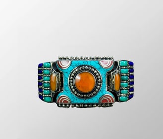 Vintage Silver Inlay Turquoise & Lapis Lazuli & Beeswax Bracelet