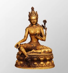 Vintage Tibetan Buddhism Gilt Gold Copper Green Tara Statue