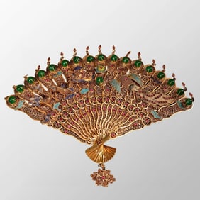 Exquisite Chinese Gold Wires Enamel Inlay Gem & Green Jade Gourd Phoenix Fan