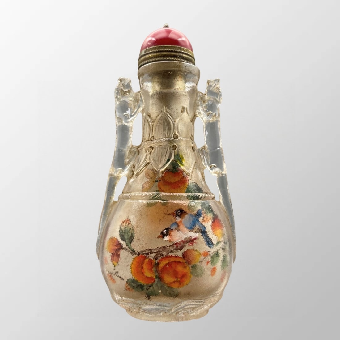 Old Chinese Peking Glass Inside Painting Flowers Bird Design Snuff Bottle w Stopper (1 of 9)