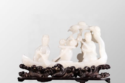 Exquisite Chinese White Hetian Jade Carved Boat & Figure Statue