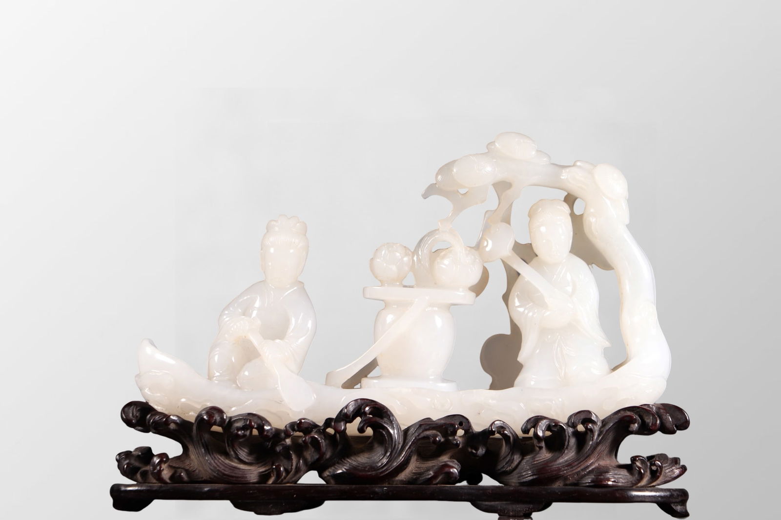 Exquisite Chinese White Hetian Jade Carved Boat & Figure Statue