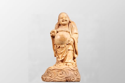 Vintage Deer Horn Carved Laughing Buddha Statue