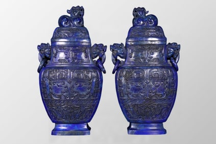 A Pair Vintage Chinese Lapis Lazuli Fortune Beast Double Rings Vase w Lid