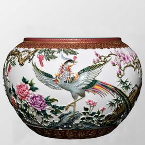 Chinese Qing Dynasty Gilt Edge Famille Rose Low Relief Phoenix & Peony Design Porcelain Brush Washer