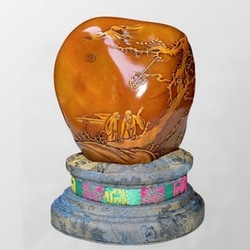 Vintage Chinese Tianhuang Stone Low Relief Pine Tree & Figure & Boat Seal Statue