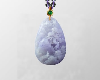 Beautiful Natural Jadeite Carved Live In Remote Mountains Pendant w White Crystal Beads Necklace
