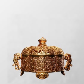 Openwork Chinese Gilt Gold Copper High Relief Fortune Dragon Double Ears Incense Burner