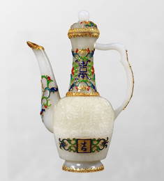 Exquisite Chinese Inlaying Gold Edge White Hetian Jade Wine Pot