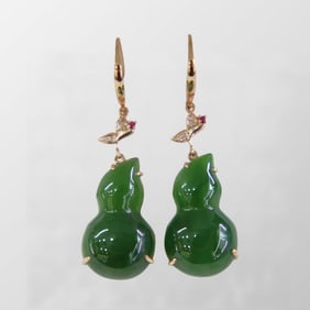 A Pair Beautiful 18K Gold Inlay Green Hetian Jade Gourd Earring