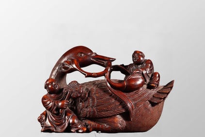 Vintage Chinese Boxwood Wood Carved Duck & Kid Statue