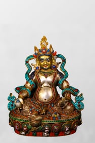 Old Tibetan Gilt Gold Bronze Inlay Turquoise & DZI Agate & Gems Yellow Jambhala Statue