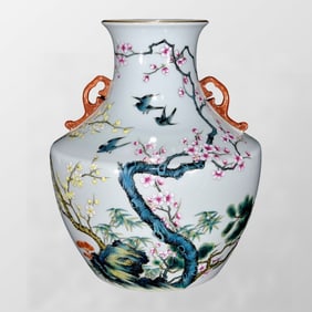 Chinese Qing Dynasty Gilt Edge Famille Rose Enamel Plum Flower & Magpie Design Porcelain Vase