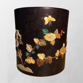 Chinese Zitan Wood Inlay Shoushan Stone & Shell,Gem Butterfly & Flowers Design Brush Pot