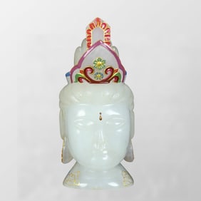 Chinese Inlaying Gold Edge White Hetian Jade Kwan-yin Head Statue