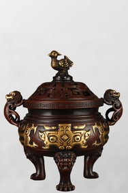 Vintage Chinese Gilt Gold Copper 3 Legs Double Ears Divine Beasts Incense Burner