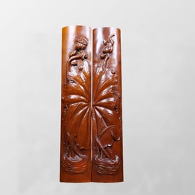 A Pair Vintage Chinese Boxwood Wood Carved Lotus Leaf Paperweight