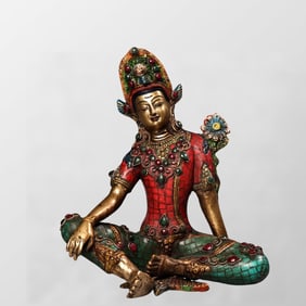 Old Tibetan Gilt Gold Bronze Inlay Turquoise & Gem Tara Statue