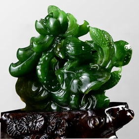 Superb Chinese Green Hetian Jade Carved Lotus Leaf & Lotus Flower Statue