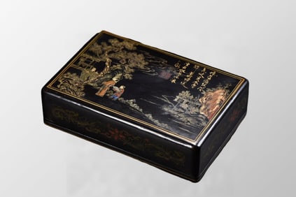 Old Chinese Gilt Gold Lacquerware Sages Meeting Design Jewellery Box