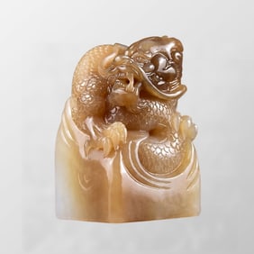 Superb Chinese Hetian Jade Carved Fortune Dragon Seal Statue w Certificate