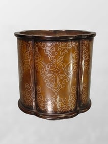 Vintage Chinese Copper Inlay Silver Wires Beast Face Design Brush Pot