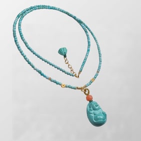 Beautiful Turquoise Hand Carved Laughing Buddha Pendant w Beads Necklace