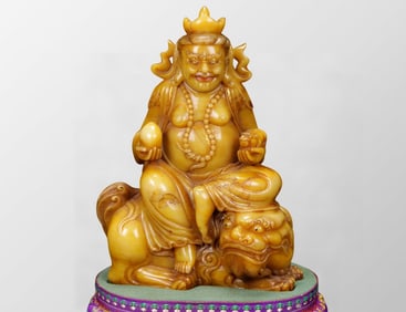 Vintage Chinese Shoushan Tianhuang Stone Carved Yellow Jambhala Statue