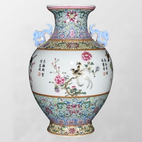 Chinese Qing Dynasty Gilt Edge Famille Rose Flowers Bird Design Porcelain Vase