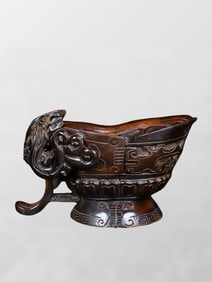 Vintage Ox Horn Carved Fortune Beast Wine Cup