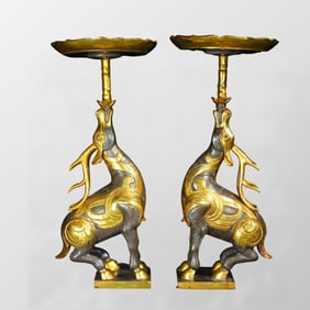 A Pair Vintage Chinese Gilt Gold Copper Fortune Deer Candlestick