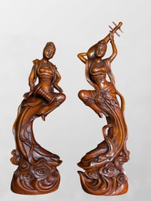 A Pair Vintage Chinese Boxwood Wood Carved Beautiful Woman Statues