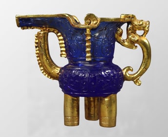 Vintage Chinese Gilt Gold Blue Peking Glass Chi Dragon Wine Cup