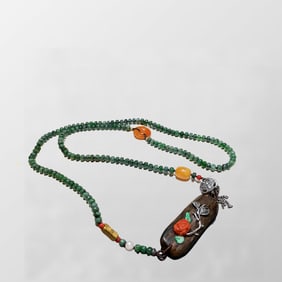Vintage 925 Silver Inlay Chenxiang Wood & Nanhong Agate Flower Pendant w Jadeite Beads Necklace