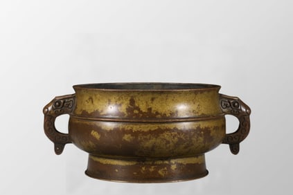 Vintage Chinese Gilt Gold Copper Double Ear Incense Burner