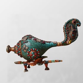 Old Tibetan Gilt Gold Bronze Inlay Turquoise & Gem Conch Statue