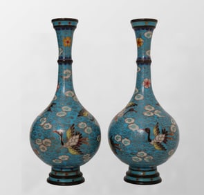A Pair Vintage Chinese Copper Cloisonne Crane Design Vase