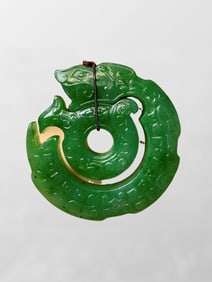 Superb Chinese Green Hetian Jade Carved Dragon & Phoenix Pendant