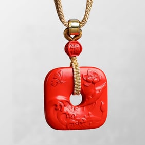 Chinese Cinnabar Carved Butterfly & Lotus Leaf & Lotus Flower Pendant