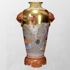 Chinese Gilt Gold Famille Rose Eight Taoism Deity Design Porcelain Vase