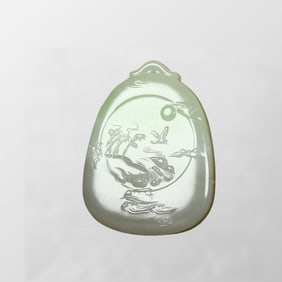 Superb Chinese Hetian Jade Low Relief Crane & Horse Pendant