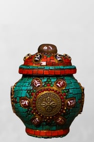 Old Tibetan Gilt Gold Bronze Inlay Turquoise & Crystal & Gem Statue