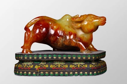 Vintage Chinese Hetian Jade Carved Fortune Ox Statue