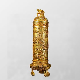 Vintage Chinese Gilt Gold Copper Low Relief Dragon Phoenix Incense Tube